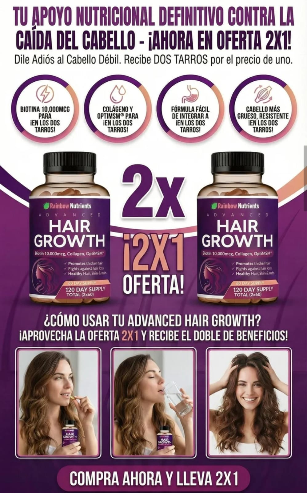 COMBO Oferta 2x1 Hair Growth Vitamina Con Biotina 10,000 MCG Recupera La vitalidad Cabello Uñas y Piel ORIGINAL